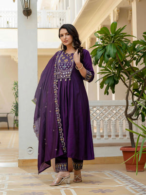 Viscose Roman Silk Embroidered Anarkali Kurti Set – Purple