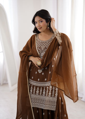 Crunchy Silk Embroidered Sharara Set – Coffee Brown