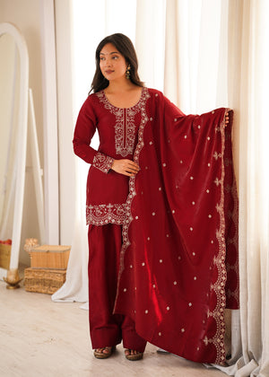 Glass Roman Silk Embroidered Kurta-Farshi Set – Maroon