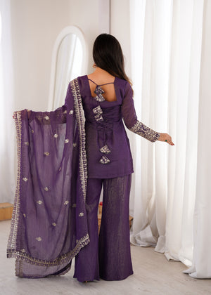 Crunchy Silk Embroidered Bell Bottom Set – Purple