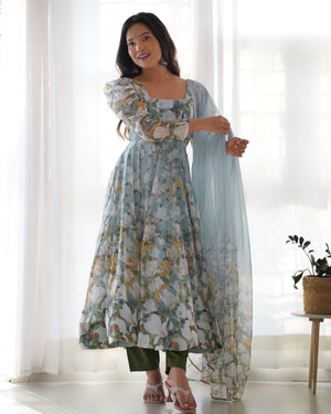 Organza Silk Printed Anarkali Set – Powder Blue Floral