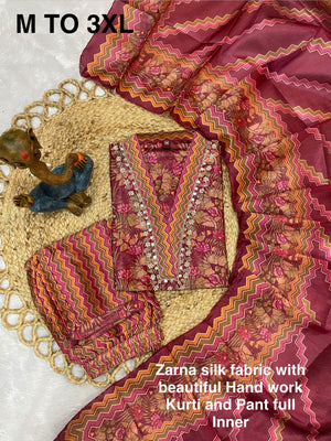 Zarna Silk Embroidered Straight Kurti Set – Maroon