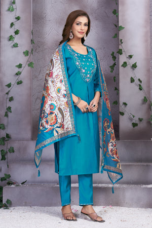 Premium Marina Silk Embroidered Straight Kurti Set – Firozi