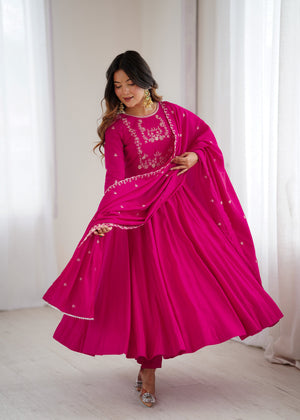 Roman Shimmer Silk Embroidered Anarkali Set – Rani Pink