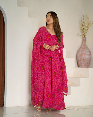 Soft Lightweight Chiffon Bandhej Fabric Inner Micro Cotton Embroidered Anarkali Set – Pink