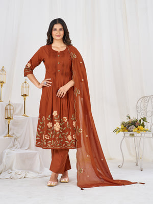 Pure Cotton Embroidered Anarkali Kurti Set – Rust
