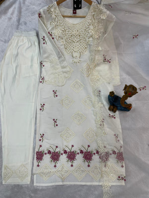 Heavy Viscose Roman Embroidered Straight Kurti Set – White