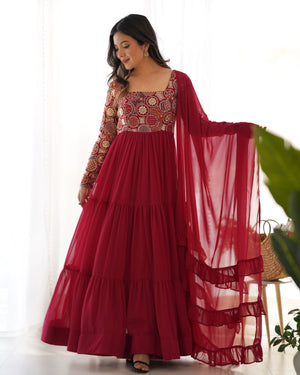 Georgette Embroidered Anarkali Set – Wine
