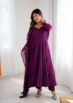 Georgette Embroidered Anarkali Set – Wine