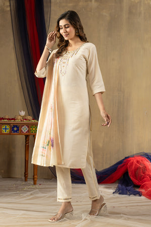 Shimmer Gold Silk Embroidered Straight Kurti Set – Off White