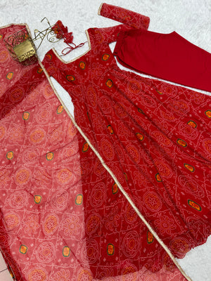 Soft Lightweight Chiffon Bandhej Fabric Inner Micro Cotton Embroidered Anarkali Set – Orange