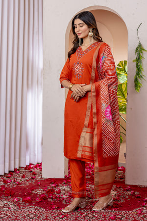 Marina Viscose Silk Embroidered Straight Kurti Set – Orange