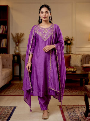Vichitra Silk Embroidered Kurta Pant Dupatta Set – Purple