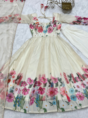 Organza Silk Printed Anarkali Set – Cream