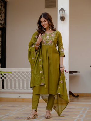 Pure Viscose Mango Silk Embroidered Straight Kurti Set – Mahendi Green