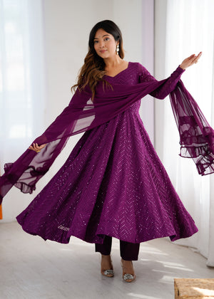 Georgette Embroidered Anarkali Set – Wine