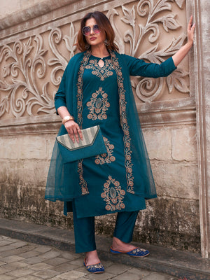 Rayon Slub Embroidered Kurta Pant Dupatta Set – Rama Green