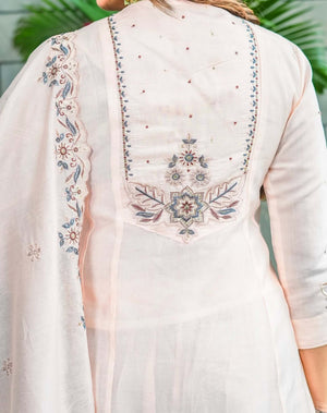 Muslin Cotton Embroidered Kurta Pant Dupatta Set – Ivory