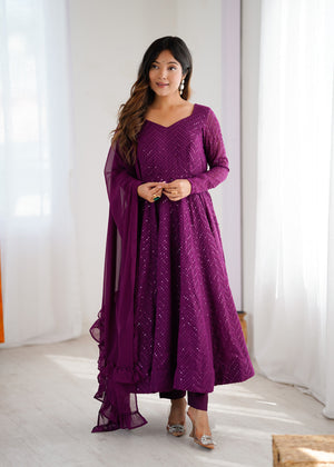 Georgette Embroidered Anarkali Set – Wine