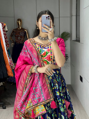 Navratri Navy Blue Floral Dola Lehenga Set - Blouse Unstitched
