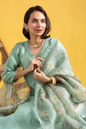 Viscose Chanderi Embroidered Kurta Pant Dupatta Set – Aqua Green