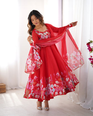 Organza Silk Printed Anarkali Set – Red