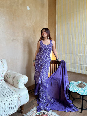 Rayon Slub Printed Kurta Pant Dupatta Set – Purple