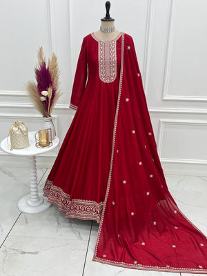 Vichitra Silk Embroidered Gown Set – Dark Red