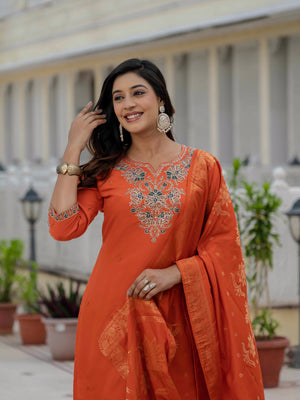 Premium Roman Silk Embroidered Straight Kurti Set – Orange