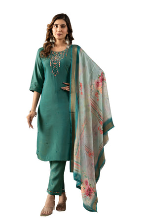 Shimmer Gold Silk Embroidered Straight Kurti Set – Rama Green