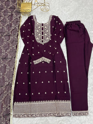 Rangoli Silk Embroidered Straight Kurta Set – Wine