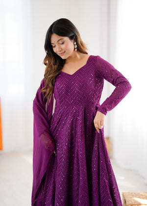Georgette Embroidered Anarkali Set – Wine