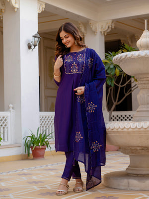 Pure Viscose Mango Silk Embroidered Straight Kurti Set – Violet