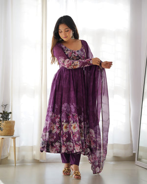 Organza Silk Printed Anarkali Set – Wine