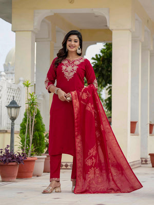 Premium Roman Silk Embroidered Straight Kurti Set – Maroon
