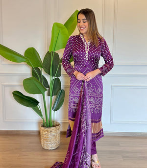 Viscose Embroidered Kurta Pant Dupatta Set – Purple
