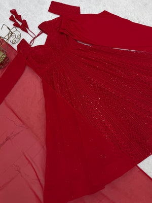 Georgette Embroidered Anarkali Set – Red