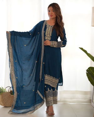 Chinon Silk Embroidered Straight Kurta Set – Navy Blue