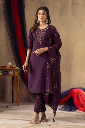 Roman Silk Embroidered Straight Kurti Set – Wine