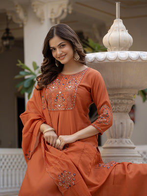 Pure Viscose Mango Silk Embroidered Straight Kurti Set – Rust