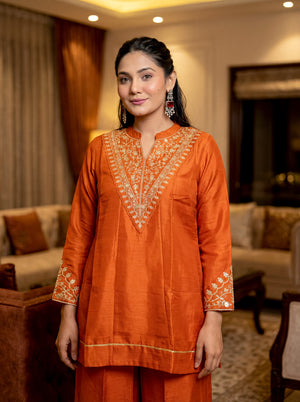 Cp Vichitra Silk Embroidered Kurta Pant Dupatta Set – Rust Orange