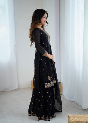 Crunchy Silk Embroidered Kurta-Sharara Set – Black