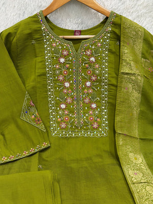 Pure Viscose Mango Silk Embroidered Straight Kurti Set – Mehndi