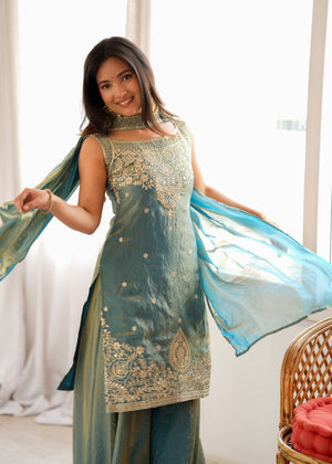 Fendy Silk Embroidered Sharara Set – Slate Blue