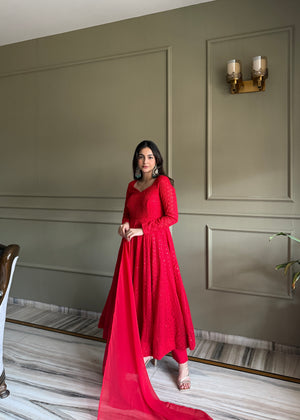 Georgette Embroidered Anarkali Set – Red