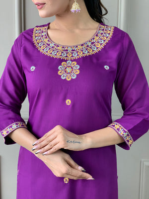 Rayon Slub Embroidered Kurta Pant Dupatta Set – Purple
