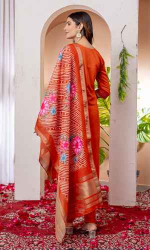 Marina Viscose Silk Embroidered Straight Kurti Set – Orange