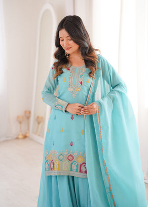 Crunchy Silk Embroidered Kurta-Sharara Set – Sky Blue