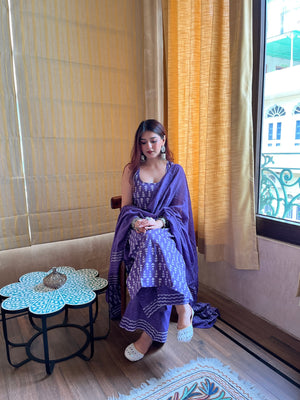 Rayon Slub Printed Kurta Pant Dupatta Set – Purple