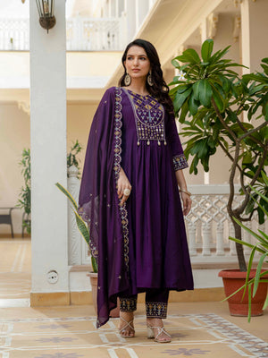 Viscose Roman Silk Embroidered Anarkali Kurti Set – Purple